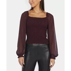 LAUNDRY by Shelli Segal Wine Tasting Square Neck Smocked Blouse Swiss Dot XS NWT